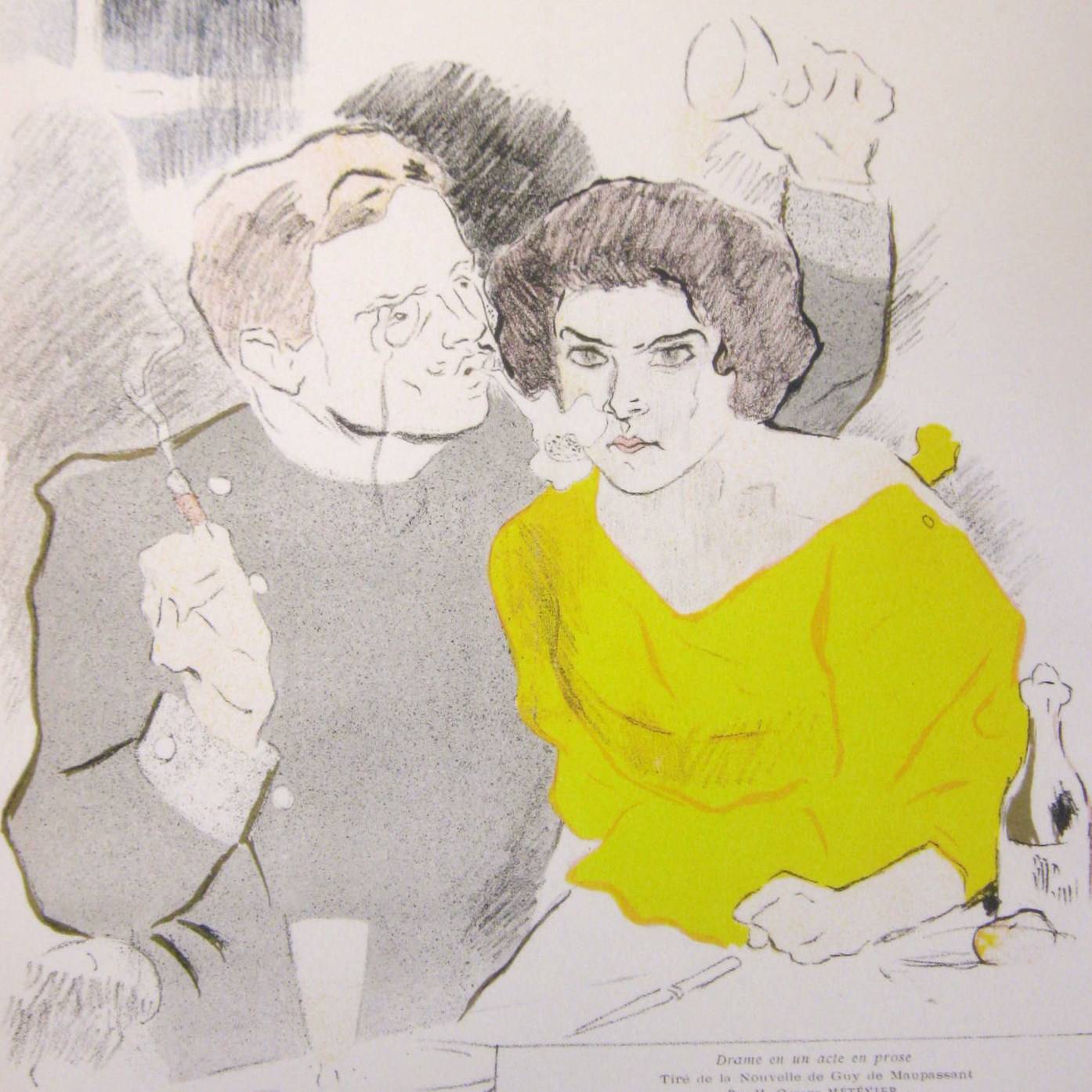 Color lithographic of man speaking to and blowing smoke at woman in yellow dress. She looks angry and is clenching her fist.